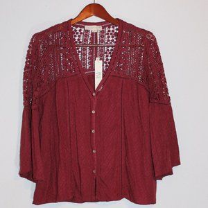 Lovestitch red lace button down blouse -NWT